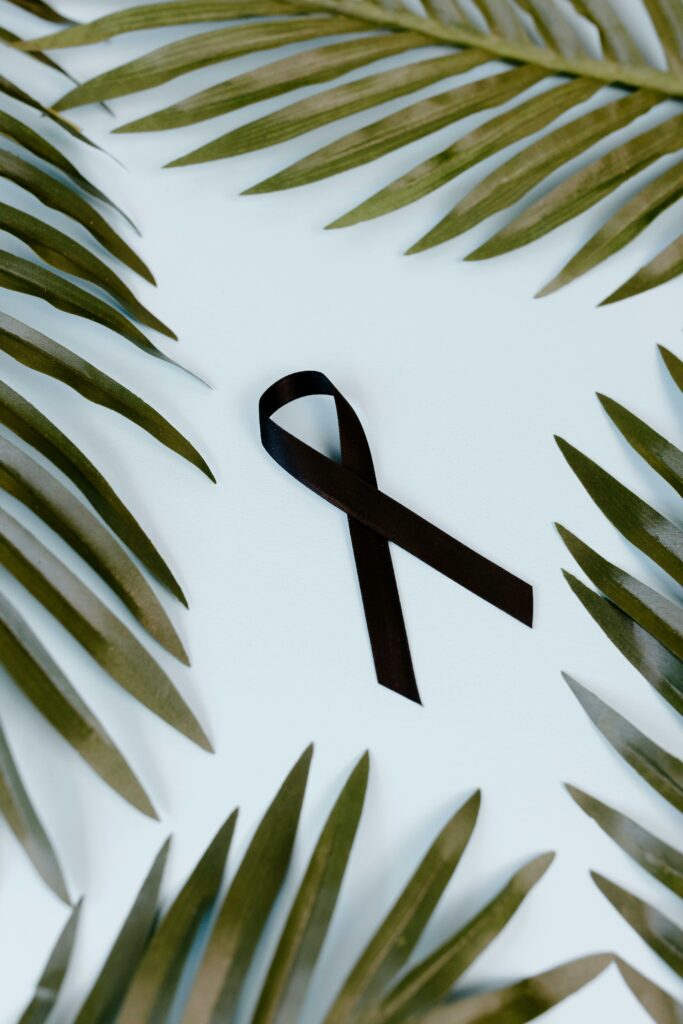 Elegant black ribbon surrounded by palm leaves on a white surface.